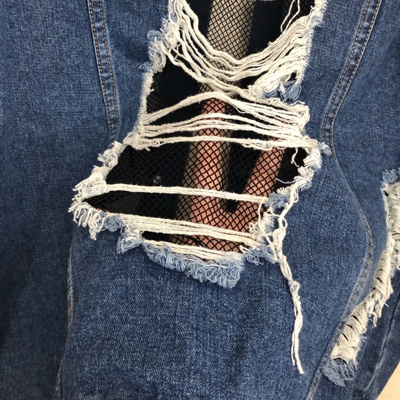 BOOM BOOM JEANS Womens Large Denim Jean Jacket Fishnet Cutouts Destroyed NWOT - Picture 13 of 14